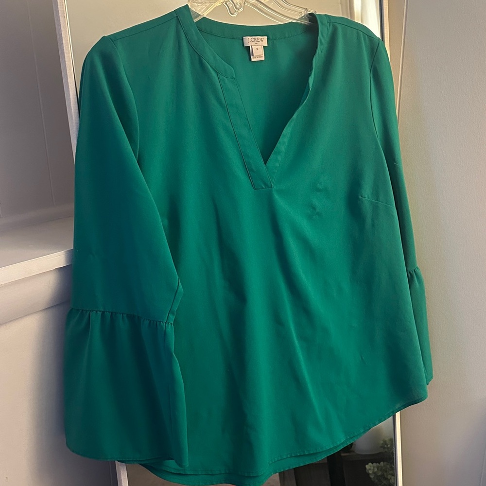 J. Crew Green V-Neck Blouse with Bell Sleeves